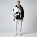 Men's Zip-Up Hoodie with White Drawstrings Featuring a Large Skull Print and American Flag on the Sleeve in Biker Style Black and White 2