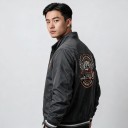 Men's Zip-Up Sports Jacket with Stand-Up Collar and Motorcycle Print with Wings on the Back and Chest and Striped Cuffs in American 6