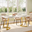 Mesa de comedor blanca 140 x 80 x 75 cm Piernas doradas con brazo vertical y diagonal unidas por una base angular Tablero rectangular sin marco 3