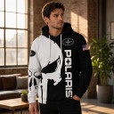 Męska bluza przez głowę z kapturem i białymi sznurkami z nadrukiem czaszki i amerykańską flagą na rękawie w stylu motocyklowym czarno-biała 4