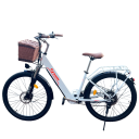 Mestské elektrokolo so step-thru rámom a predným košíkom, kolesá 26 palcov, batéria 36V 10Ah, dojazd 90 km, 7 rýchlostí, motor 250 W 4