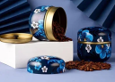 Metal Double Box 8.5 × 8.5 cm Dark Blue Floral Design with Blue and White Flowers and Gold Band Lid 3