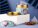 Metal Double Box 8.5 × 8.5 cm Pastel Floral Design Pink Flowers Green Leaves with Gold Stripe Lid 4