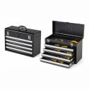 Metalowa szafka na narzędzia z 4 szufladami i górnym pudełkiem Zabezpieczona przenośna z uchwytem 52 x 21,8 x 36,1 cm Stalowa czarna Organizator 3