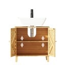 Meuble sous lavabo 60 x 30 x 60 cm avec découpe pour siphon et portes avec motif de lamelles en chevrons sur pieds en couleur naturelle 3