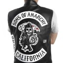Miesten moottoripyöräilijän liivi, jossa on pääkallon painatus ja Sons of Anarchy -teksti, PU-nahkaa, musta, moottoripyöräilyyn ja moottoripyöräilijätyyliin 3