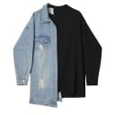 Mikina asimetrică pentru femei din denim cu curea Neagră și albastru deschis Guler din denim și buzunar pe piept Detalii uzate Bumbac și poliester 3