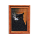 Mini magnetka portrét černé kočky s cigaretou 8x6 cm dekorativní magnet na lednici obraz v rámu černá kočka oranžové pozadí 1