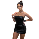 Mini rochie neagră fără bretele din piele artificială Rochie scurtă de petrecere strânsă Tinuta sexy de club Rochie elegantă de seară cu efect 3