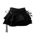 Mini saia de ganga com volantes e laços Saia curta em camadas estilo A Vintage Saia de ganga para meninas Look romântico de verão 2