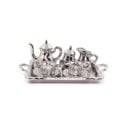 Miniature Metal Tea Set for Dolls Tray with Teapot and Two Cups Silver Colour and Relief Decoration Tray Size 6.7 x 4.8 cm 1