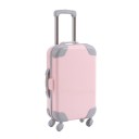 Miniature travel suitcase for a doll on four wheels with a pull handle Light pink plastic with grey corners Size 13.5 x 8 cm 1
