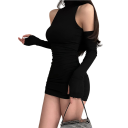 Minikjole med høj krave og synlige skuldre Separate lange ærmer Sexet bodycon-snit Elegant aftenkjole Elastisk materiale 1