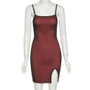 Minivestido rojo de malla de dos capas con abertura, corte entallado, tirantes finos, elegante, para fiesta de noche, minivestido rojo sexy 2