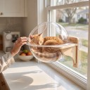 Miska transparente com cúpula para gatos na janela 40 x 38 cm Em estrutura de madeira Com ventosas sem perfuração Cúpula para gatos em vidro e parede 6