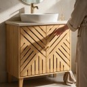 Mobile per lavabo 60 x 30 x 60 cm con taglio per sifone e ante con motivo a doghe a spina di pesce su piedi in colore naturale 6
