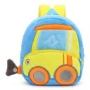 Mochila para niños 26 x 24 x 10 cm con motivo de bulldozer amarillo y ruedas naranjas sobre fondo azul claro con bolsillo principal y frontal con cremallera 1