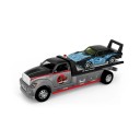 Modell eines metallischen Abschleppwagens mit Plattform und kleinem Auto Realistische Miniatur 3