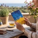 Modrožlté flipové puzdro 6 palcov na Kindle 10. generácie 2019 s maľovaným obilným poľom a vtákmi na oblohe a s popruhom aj fóliou 2