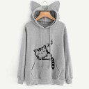 Moletom feminino com orelhas de gato na capuz Estampa de gato a dormir Bolso canguru Cordão ajustável Manga longa Punhos canelados 3