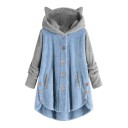 Moleton feminino felpudo com capuz e orelhas de gato Corte mais longo com botões e bolsos Capuz e mangas cinza claro contrastantes 4