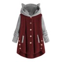 Moleton feminino felpudo com capuz e orelhas de gato Corte mais longo com botões e bolsos Capuz e mangas cinza claro contrastantes 1