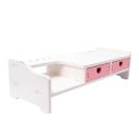 Monitorin teline kahdella laatikolla ja kynätelineillä 503 x 120 x 183 mm Valkoinen vaaleanpunaisilla laatikoilla Paikka näppäimistölle Toimistoon 3