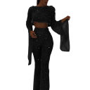 Mono de mujer brillante con volantes en las mangas Escote redondo Manga larga Pantalones largos Corte elegante Poliéster 3