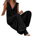 Mono de mujer Modelo de un solo color Pantalones anchos Tirantes anchos Cierre de botones Escote en V 95% poliéster 5% spandex 1