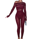 Mono de mujer talla universal Modelo semitransparente con piedras Escote en O Manga larga y pantalones largos Poliéster Spandex 8