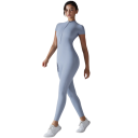 Mono deportivo de mujer con mangas cortas y cremallera en el escote Leggings ajustados Unicolor Nylon Spandex Ropa de fitness 5