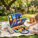 Montessori busy board geantă 28 x 21 cm Placă activă din fetru cu 19 activități și ceasuri Albastră cu dinozauri Jucărie de călătorie pentru copii 2