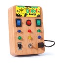 Montessori busy board LED-valoilla Dino 13 x 9 x 2,8 cm Puinen aistilevy kytkimillä ja pistokkeella Opettava lelu lapsille 1
