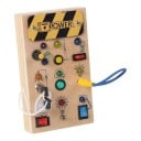 Montessori Busy Board mit LED-Lichtern 17 x 10 x 2,8 cm Schmale Holzplatte mit Schaltern, Schlüssel, Drehknopf und Stecker Spielzeug für Kinder 1
