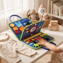 Montessori busy board taška 28 x 21 cm Plstěná aktivní deska s 19 činnostmi a hodinami Modrá s dinosaury Cestovní hračka pro děti 3