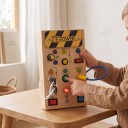 Montessori busy board z LED światłami 17 x 10 x 2,8 cm Wąska drewniana deska z wyłącznikami kluczykiem, obrotowym pokrętłem i wtyczką Zabawka 3