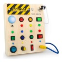 Montessori busy board z LED światłami 17 x 14,5 x 2,8 cm Drewniana deska z wyłącznikami na kluczyk i wtyczką Zabawka do rozwijania motoryki małej 1