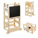 Montessori naučná věž 3v1 s černou tabulí a motivem pandy 92 x 41 cm sklopná do lavice se stolkem i do stoličky v přírodním odstínu 1