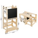 Montessori naučná věž 3v1 s černou tabulí a motivem pandy 92 x 41 cm sklopná do lavice se stolkem i do stoličky v přírodním odstínu 2