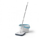 Mopa rotativa con cubo Separación de agua limpia y sucia Centrifugado 80–90 % Cabeza 21 x 21 cm Vara 102–128 cm Acero inoxidable Blanco-azul 3