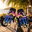 Motocross and Cycling Gloves with Tropical Palm and Sea Print, Ribbed Cuff and Reinforced Thumb in Bright Colours 3