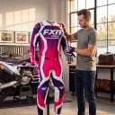 Motocross sæt trøje og bukser Trøje med lange ærmer og bukser med spænde Polyester og nylon Pink med hvide og blå elementer Til motocross 6