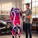 Motocross Set Jersey and Trousers Jersey with Long Sleeves and Trousers with Buckle Polyester and Nylon Pink with White and Blue Elements 6
