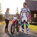 Motocross Set Jersey and Trousers Jersey with Long Sleeves and Trousers with Buckle Polyester and Nylon White with Pink and Turquoise Elements 8