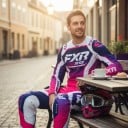 Motocross-Set Trikot und Hose Trikot mit langen Ärmeln und Hose mit Schnalle Polyester und Nylon Rosa mit weißen und blauen Elementen Für Motocross 8