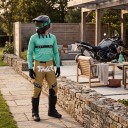 Motocrossset shirt en broek Perforated shirt met lange mouwen en broek met gesp Polyester en nylon Muntgroen shirt en zandkleurige broek 5