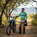 Motocrossset shirt en broek Perforated shirt met lange mouwen en broek met gesp Polyester en nylon Muntgroen shirt en zandkleurige broek 7
