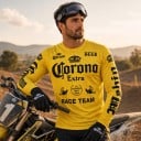 Motokrosový dres a športové tričko s dlhým rukávom a okrúhlym výstrihom s potlačou na hrudi aj rukávoch pre jazdu na terénnom motocykli 6
