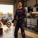 Motokrossipaita pitkällä hihalla ja housut neonvärisillä viivoilla vaaleanpunaisen ja oranssin siirtymässä sekä turkooseilla yksityiskohdilla musta 4