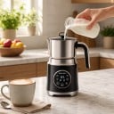 Mousseur à lait électrique 6 en 1 Mousse chaude et froide Récipient amovible lavable au lave-vaisselle 800 ml Acier inoxydable 304 Noir Pour café 6